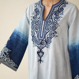 Sunset Embroidered Linen Cotton Kurta Set - Indigo