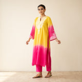 Sunset Embroidered Linen Cotton Kurta Set - Yellow & Pink