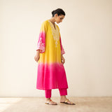 Sunset Embroidered Linen Cotton Kurta Set - Yellow & Pink