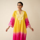 Sunset Embroidered Linen Cotton Kurta Set - Yellow & Pink