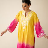 Sunset Embroidered Linen Cotton Kurta Set - Yellow & Pink