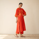 Sakura Hand Embroidered Festive Cotton Slub Kurta Set - True Red