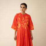 Sakura Hand Embroidered Festive Cotton Slub Kurta Set - True Red