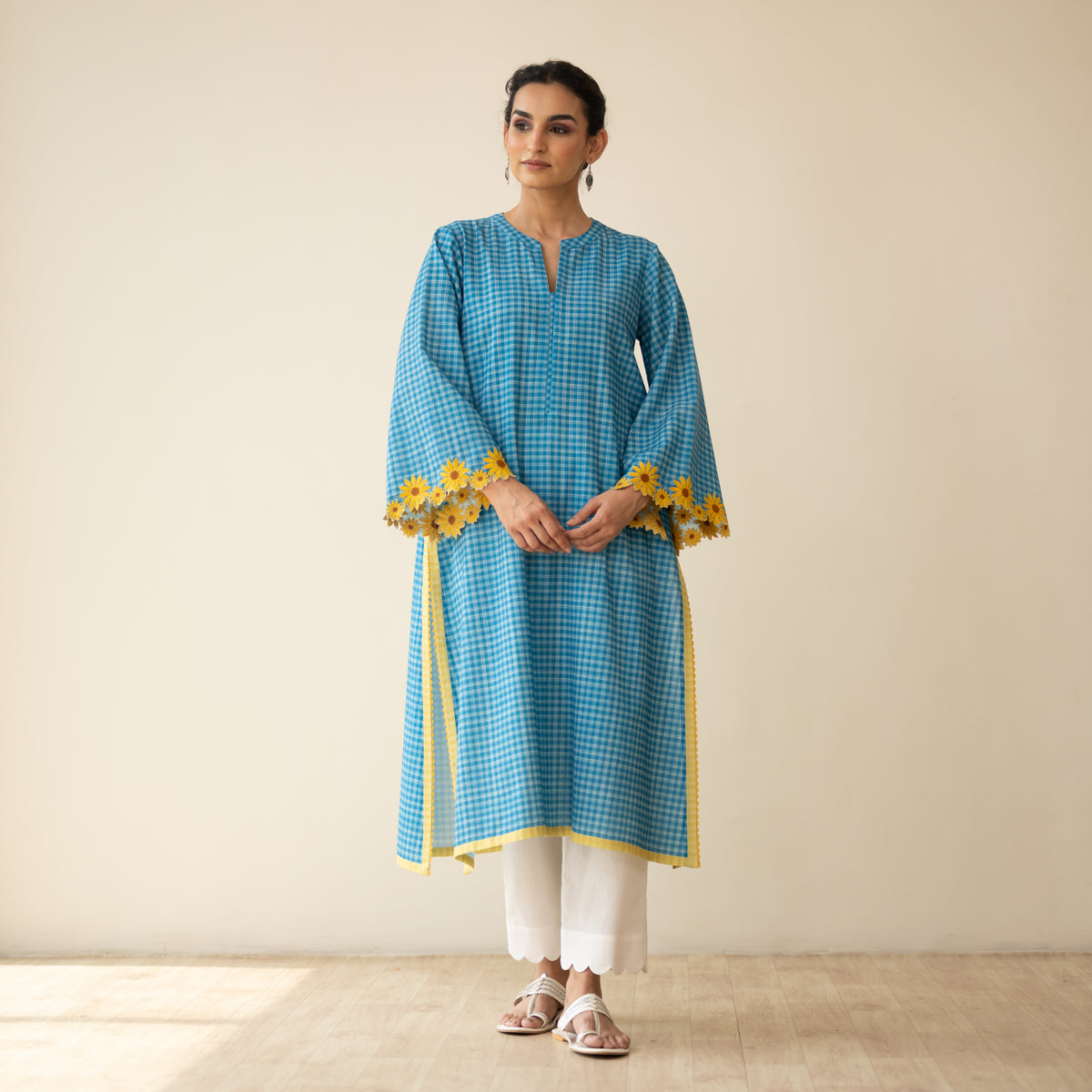 Sunflower Embroidered Linen Cotton Kurta - Dusty Blue