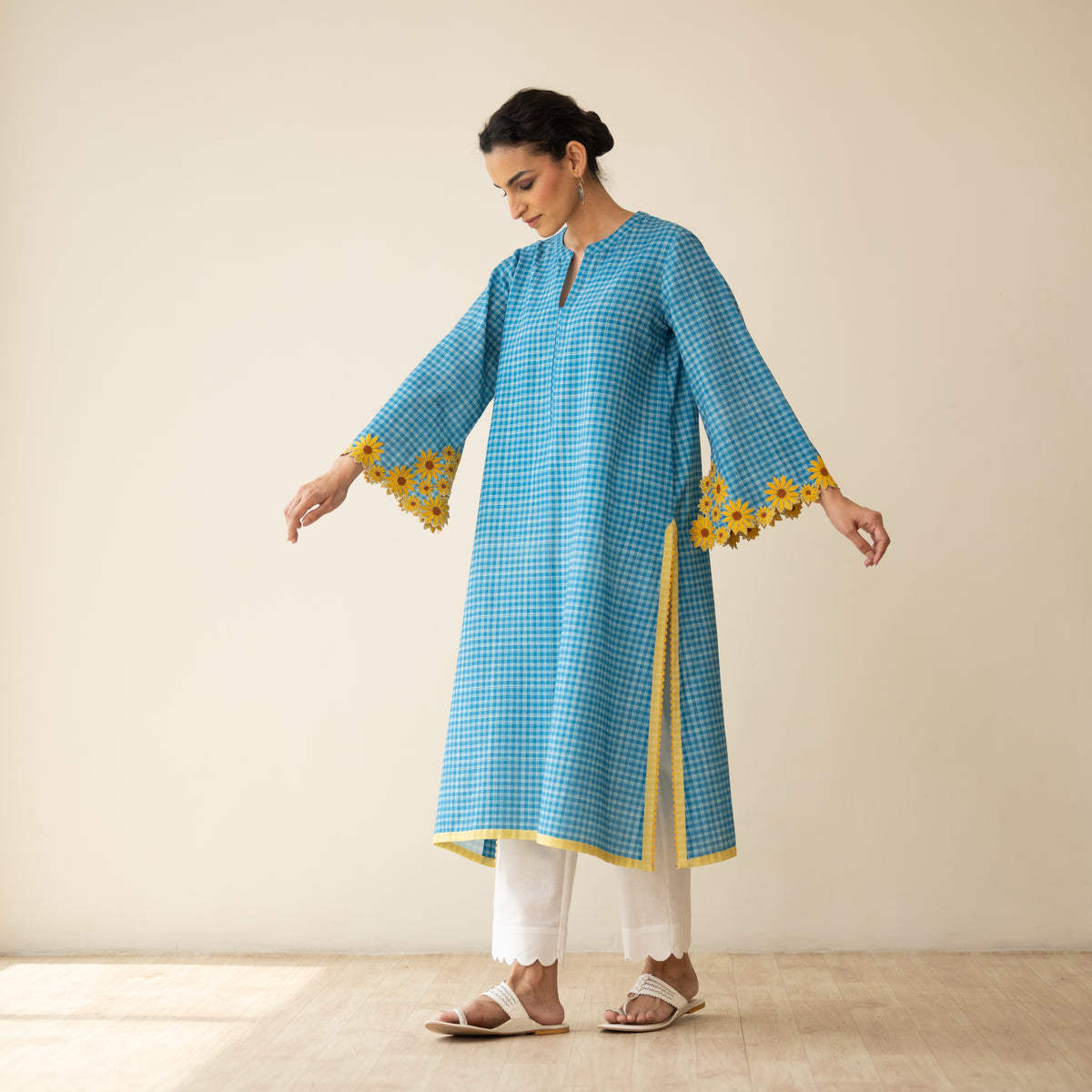 Sunflower Embroidered Linen Cotton Kurta - Dusty Blue