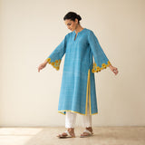 Sunflower Embroidered Linen Cotton Kurta - Dusty Blue