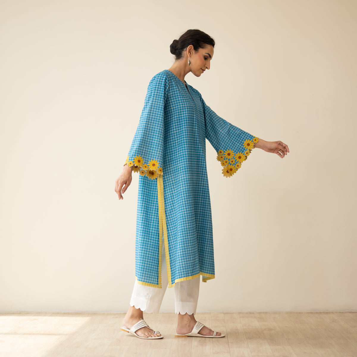 Sunflower Embroidered Linen Cotton Kurta - Dusty Blue