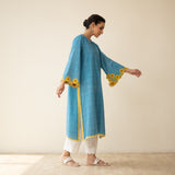 Sunflower Embroidered Linen Cotton Kurta - Dusty Blue