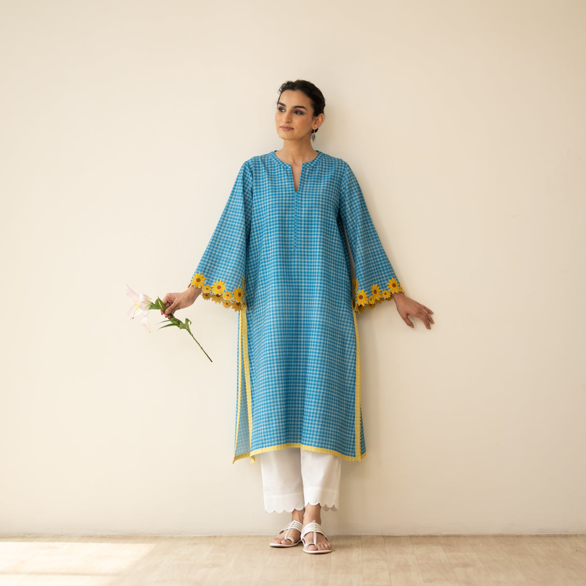 Sunflower Embroidered Linen Cotton Kurta - Dusty Blue