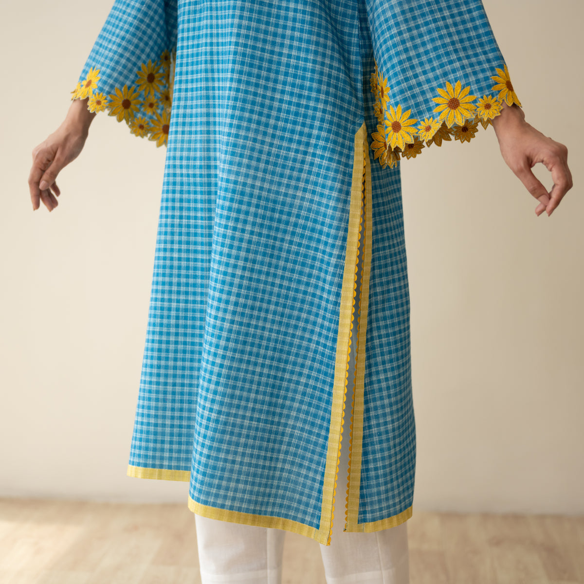 Sunflower Embroidered Linen Cotton Kurta - Dusty Blue