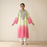 Cassata Embroidered Linen Cotton Kurta - Pista Pink