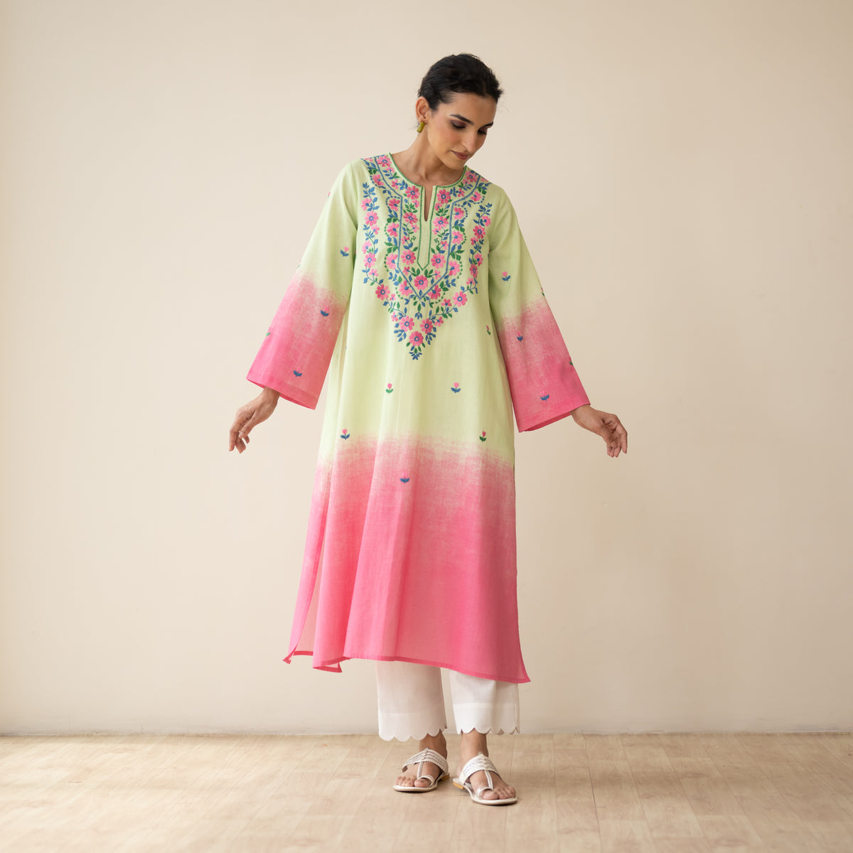 Cassata Embroidered Linen Cotton Kurta - Pista Pink