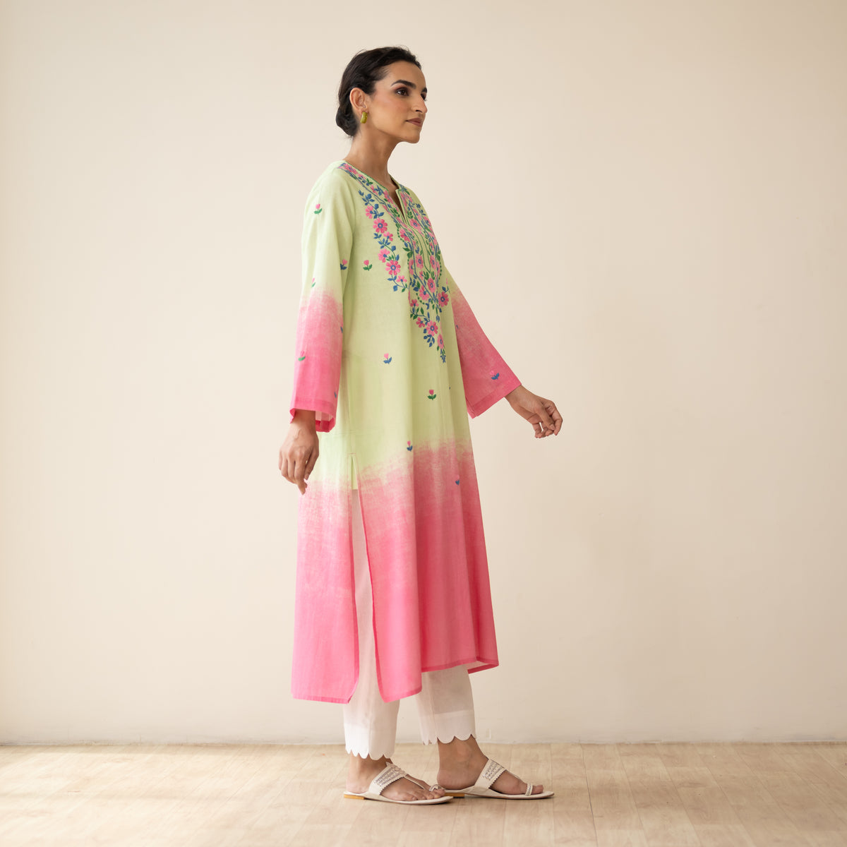 Cassata Embroidered Linen Cotton Kurta - Pista Pink
