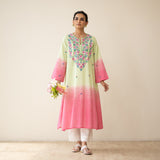 Cassata Embroidered Linen Cotton Kurta - Pista Pink
