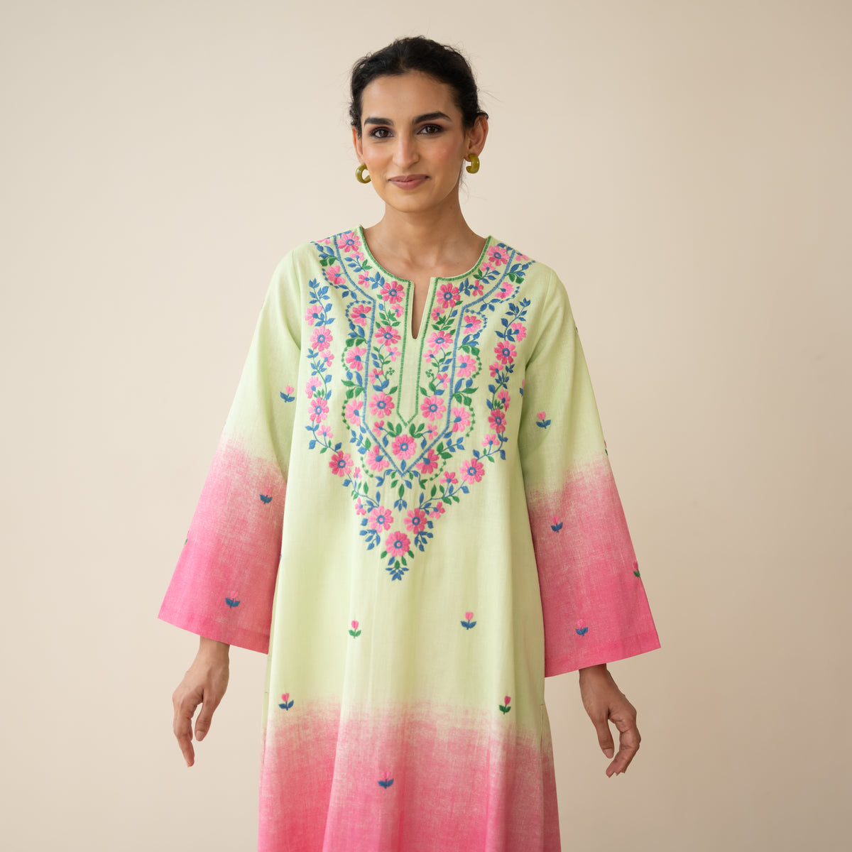 Cassata Embroidered Linen Cotton Kurta - Pista Pink
