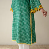 Sunflower Embroidered Linen Cotton Kurta - Green