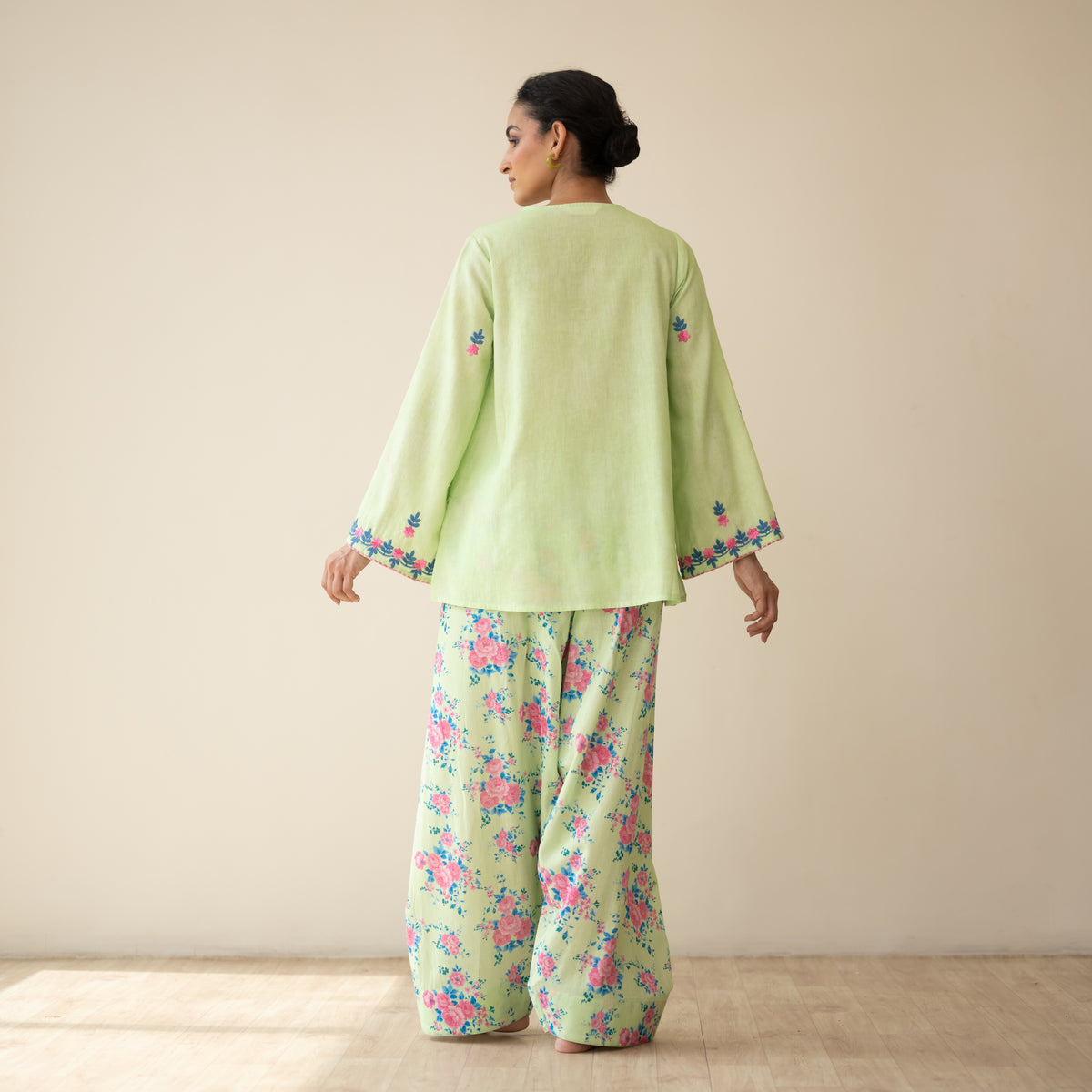 Mehak Embroidered Linen Cotton Farshi Coord Set - Pista Green
