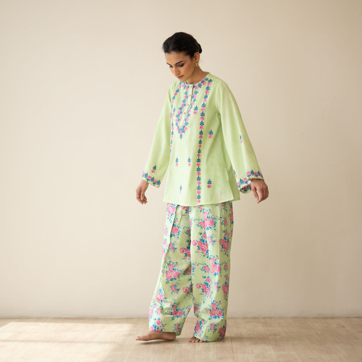 Mehak Embroidered Linen Cotton Farshi Coord Set - Pista Green