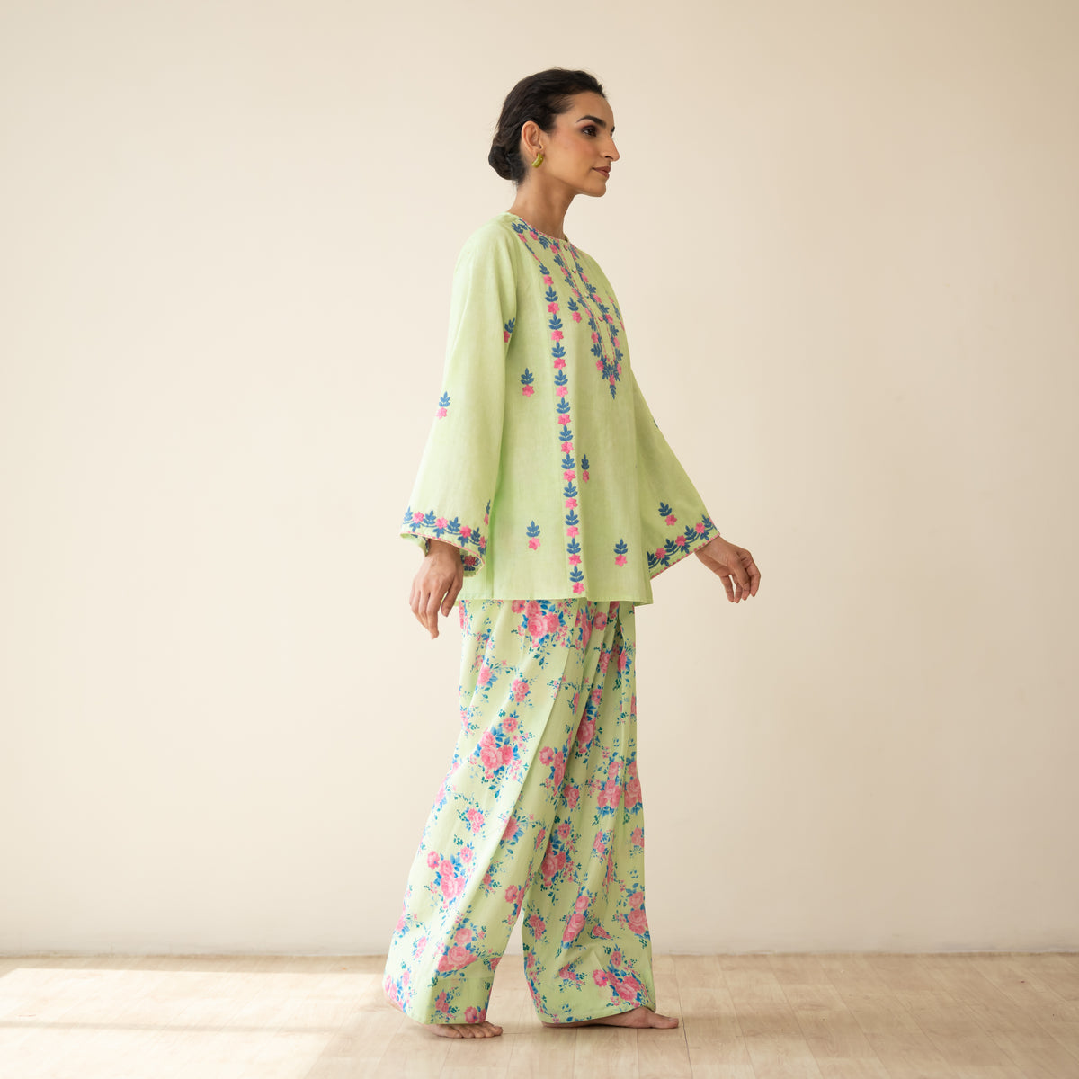 Mehak Embroidered Linen Cotton Farshi Coord Set - Pista Green