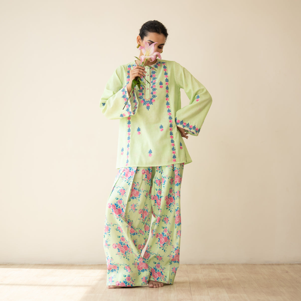 Mehak Embroidered Linen Cotton Farshi Coord Set - Pista Green