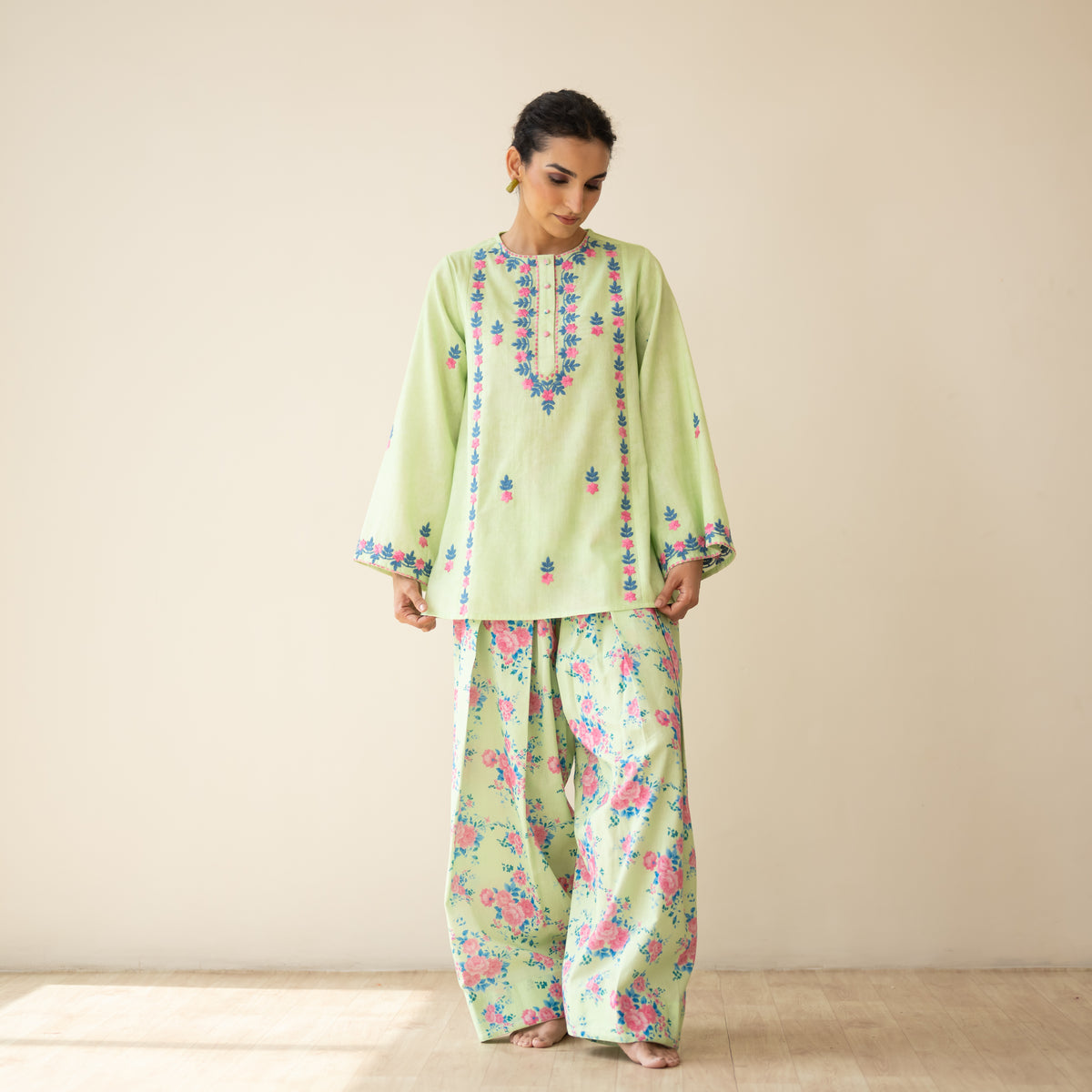 Mehak Embroidered Linen Cotton Farshi Coord Set - Pista Green