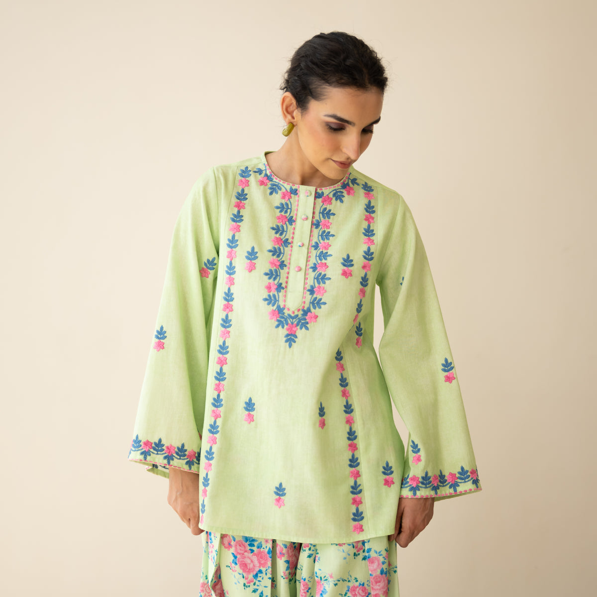 Mehak Embroidered Linen Cotton Farshi Coord Set - Pista Green