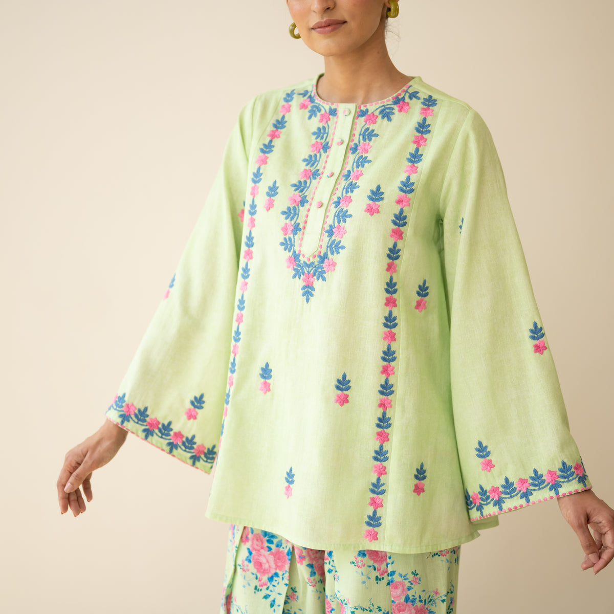 Mehak Embroidered Linen Cotton Farshi Coord Set - Pista Green