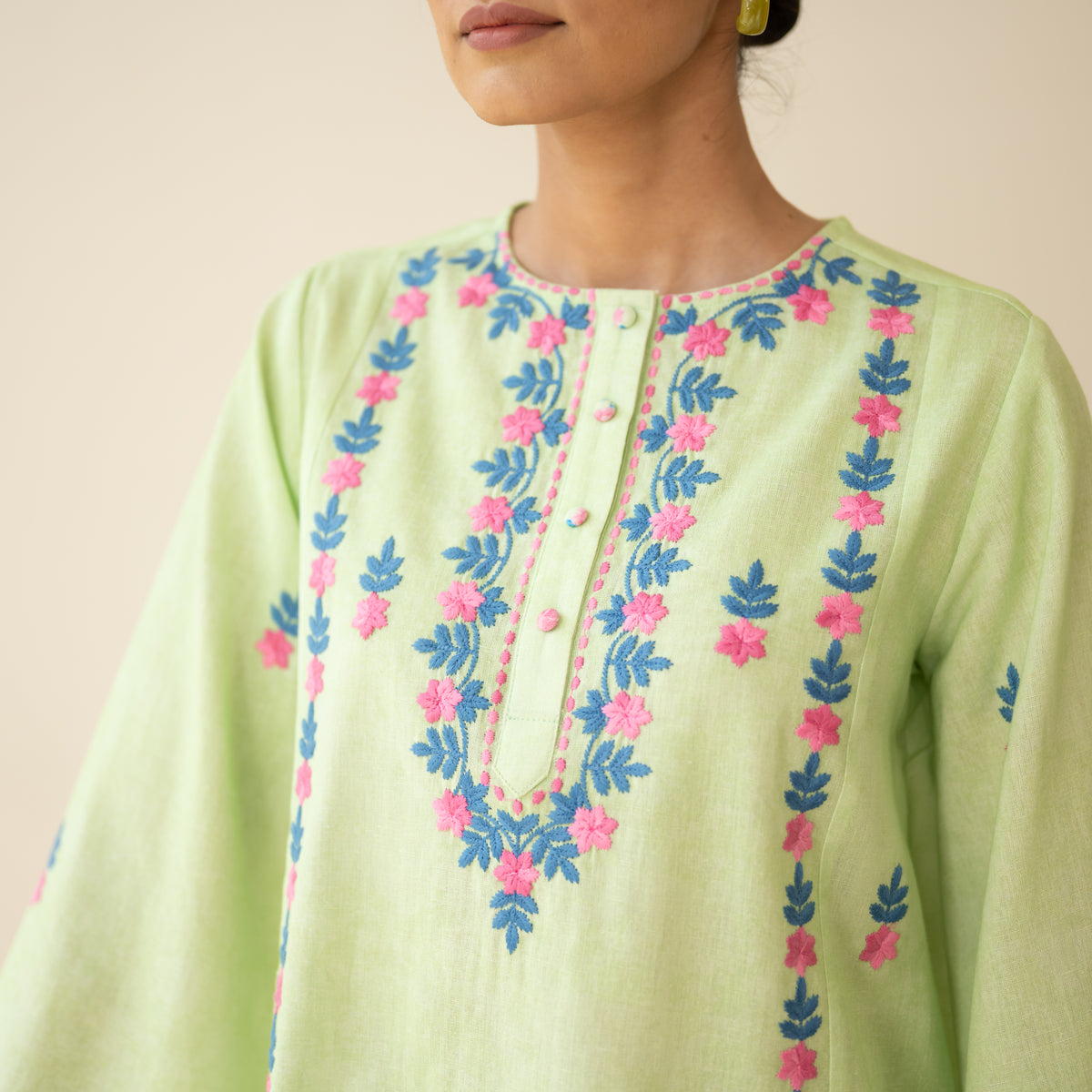Mehak Embroidered Linen Cotton Farshi Coord Set - Pista Green