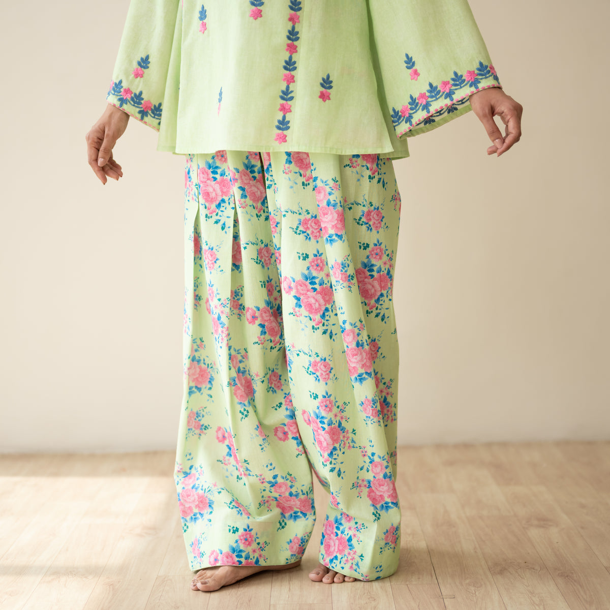 Mehak Embroidered Linen Cotton Farshi Coord Set - Pista Green