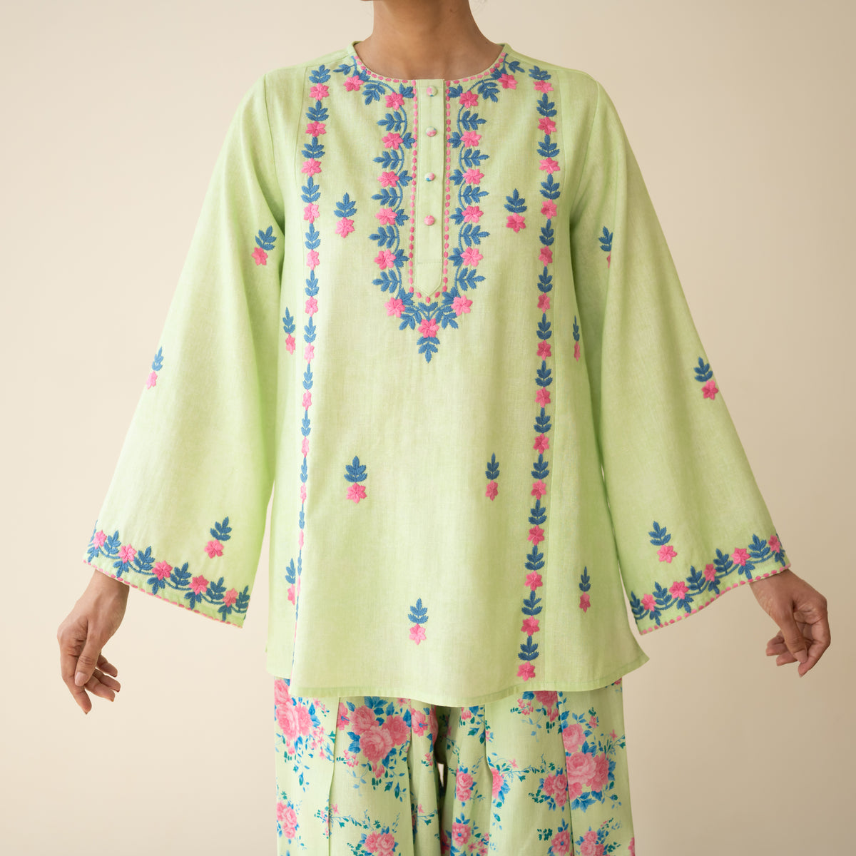 Mehak Embroidered Linen Cotton Farshi Coord Set - Pista Green