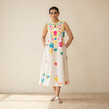 Confetti Pop Embroidered Linen Cotton Dress - Milky White