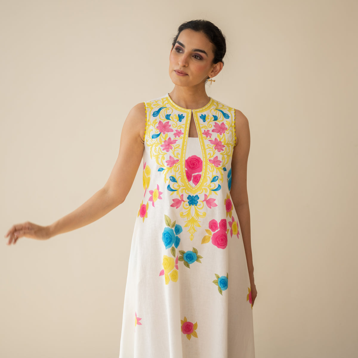 Confetti Pop Embroidered Linen Cotton Dress - Milky White