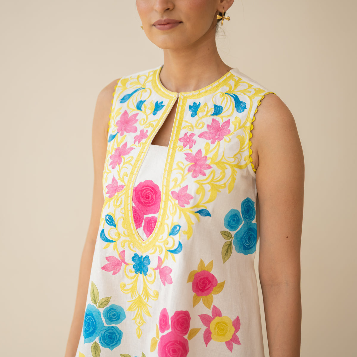 Confetti Pop Embroidered Linen Cotton Dress - Milky White