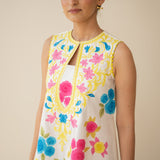 Confetti Pop Embroidered Linen Cotton Dress - Milky White