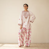 Mehak Embroidered Linen Cotton Farshi Coord Set - Milky White
