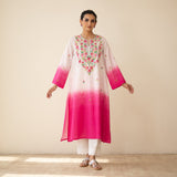 Cassata Embroidered Linen Cotton Kurta - Cherry Pink