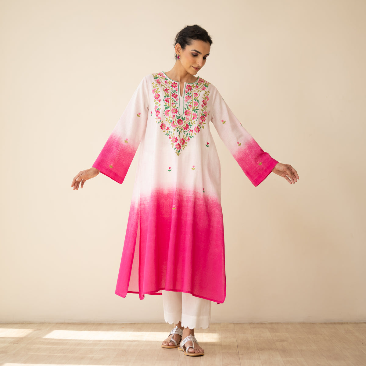 Cassata Embroidered Linen Cotton Kurta - Cherry Pink