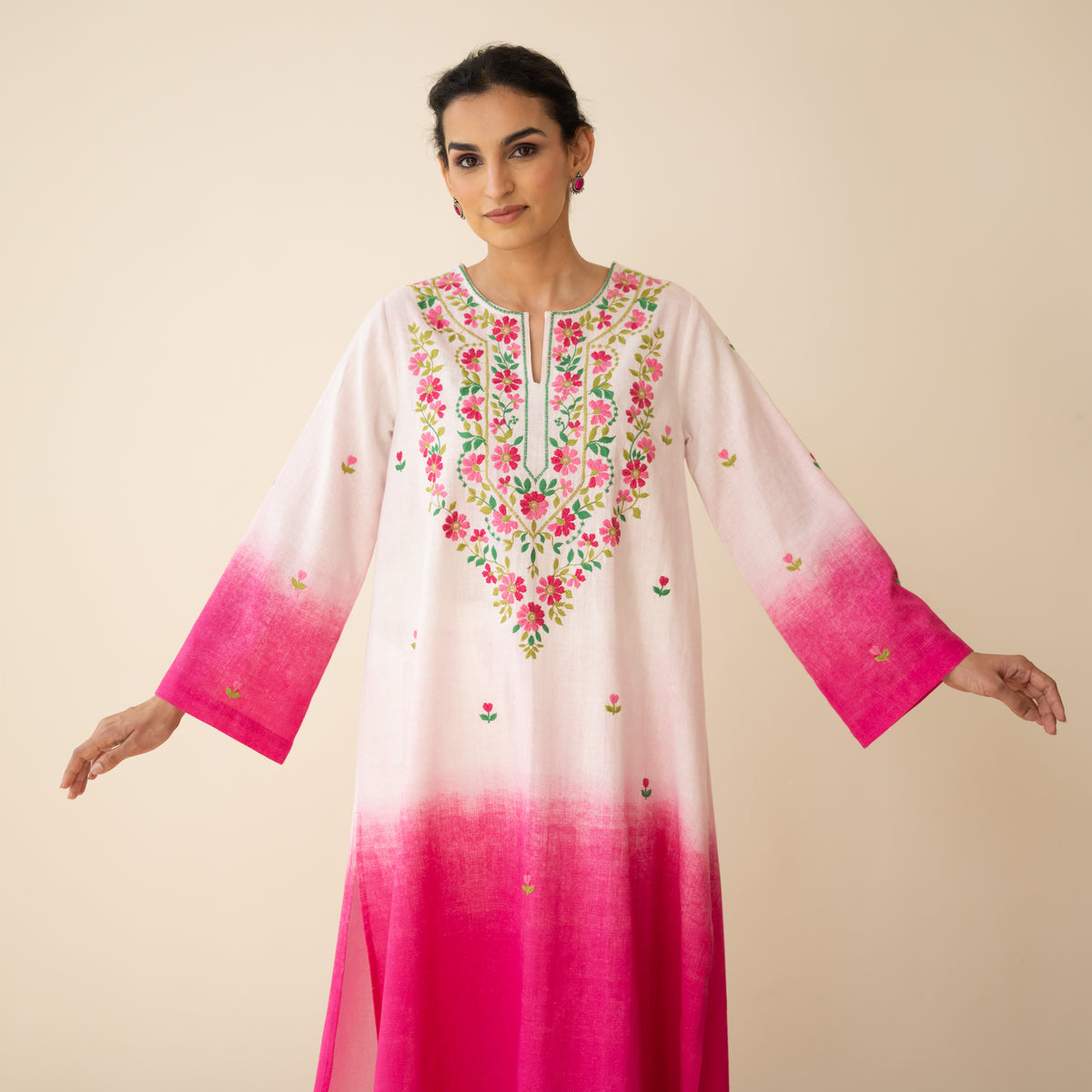 Cassata Embroidered Linen Cotton Kurta - Cherry Pink