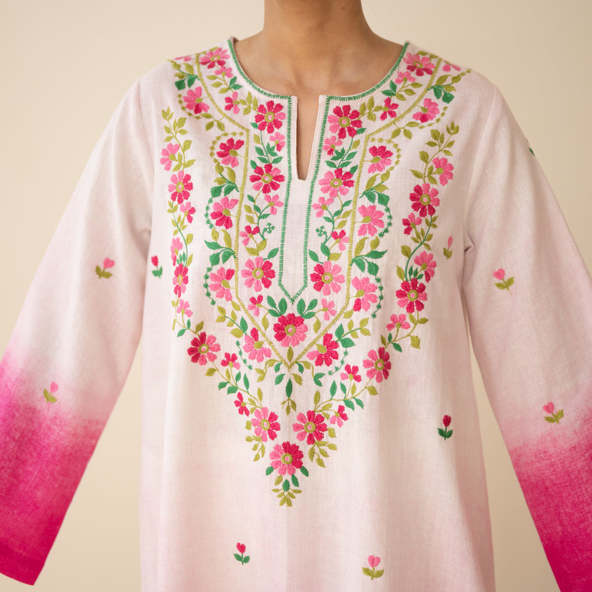 Cassata Embroidered Linen Cotton Kurta - Cherry Pink