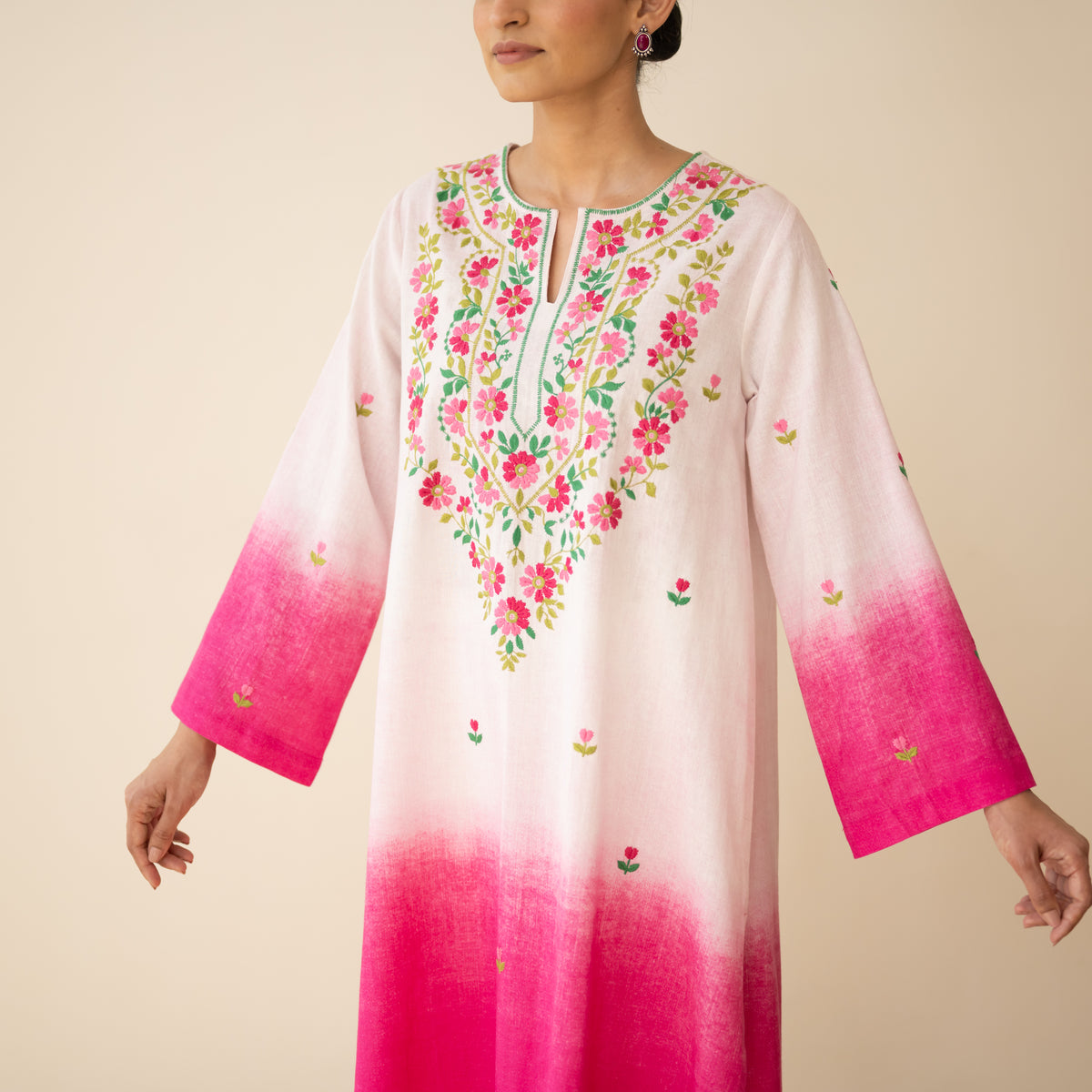 Cassata Embroidered Linen Cotton Kurta - Cherry Pink