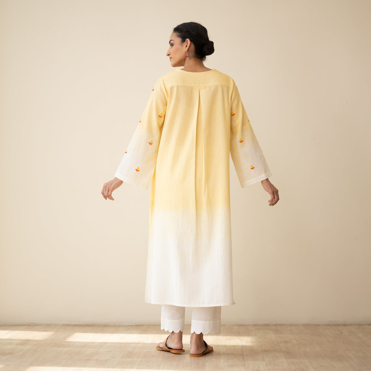 Cassata Embroidered Linen Cotton Kurta - Mango Yellow
