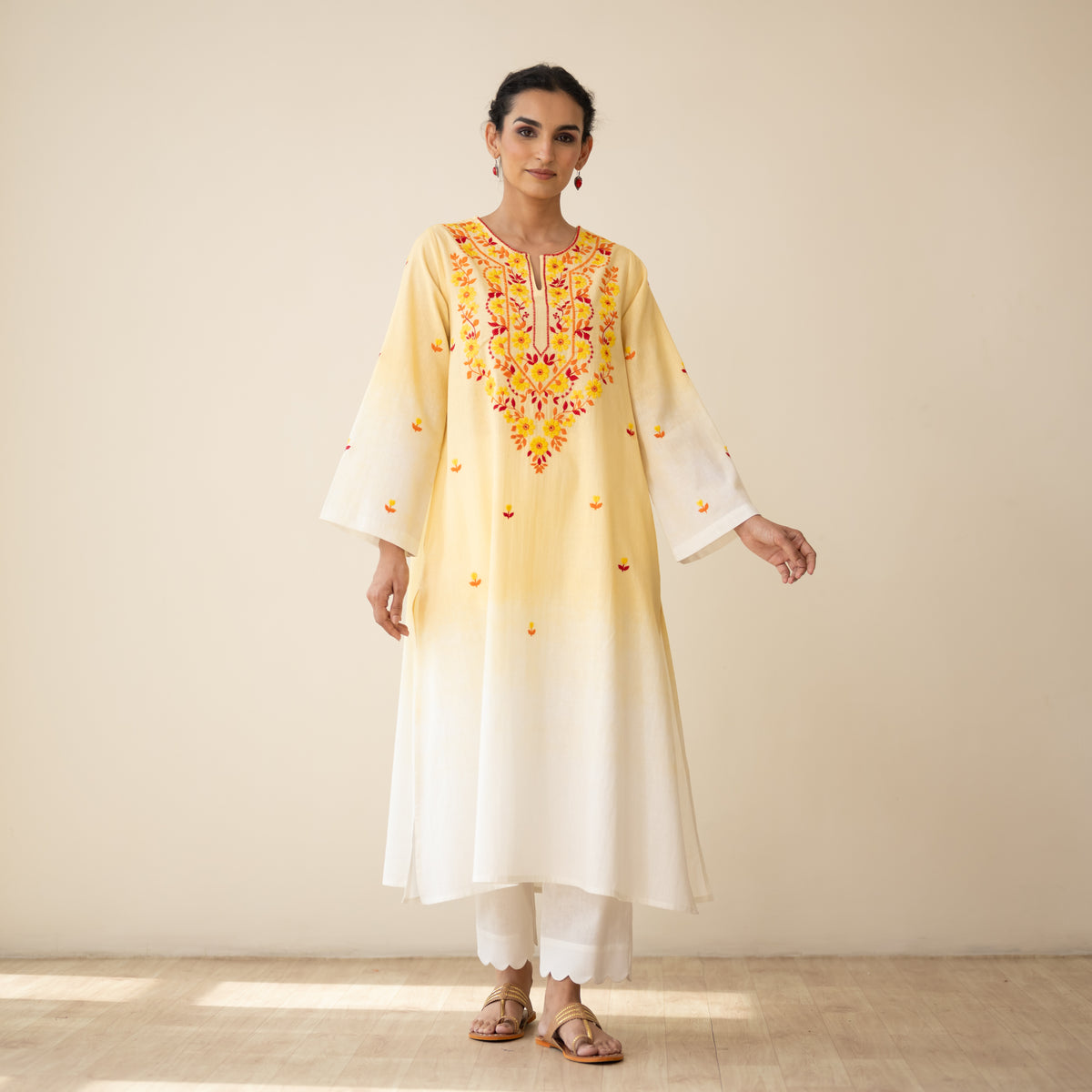 Cassata Embroidered Linen Cotton Kurta - Mango Yellow