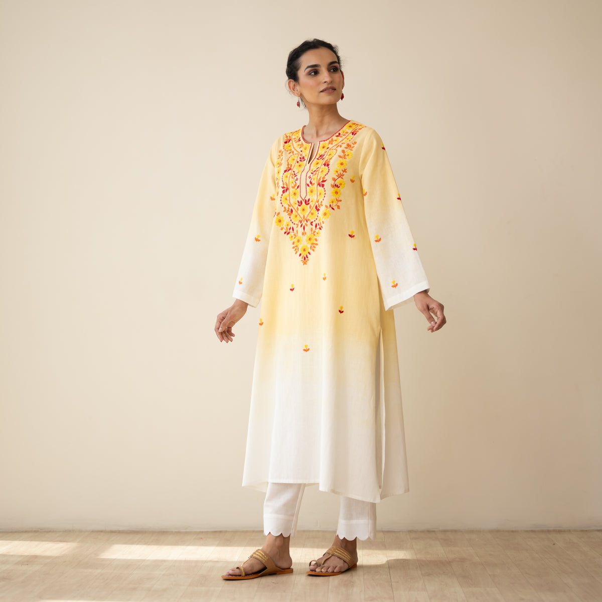 Cassata Embroidered Linen Cotton Kurta - Mango Yellow