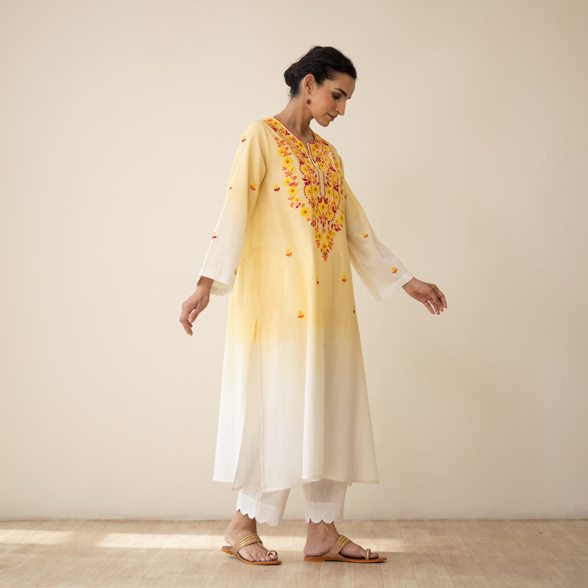 Cassata Embroidered Linen Cotton Kurta - Mango Yellow