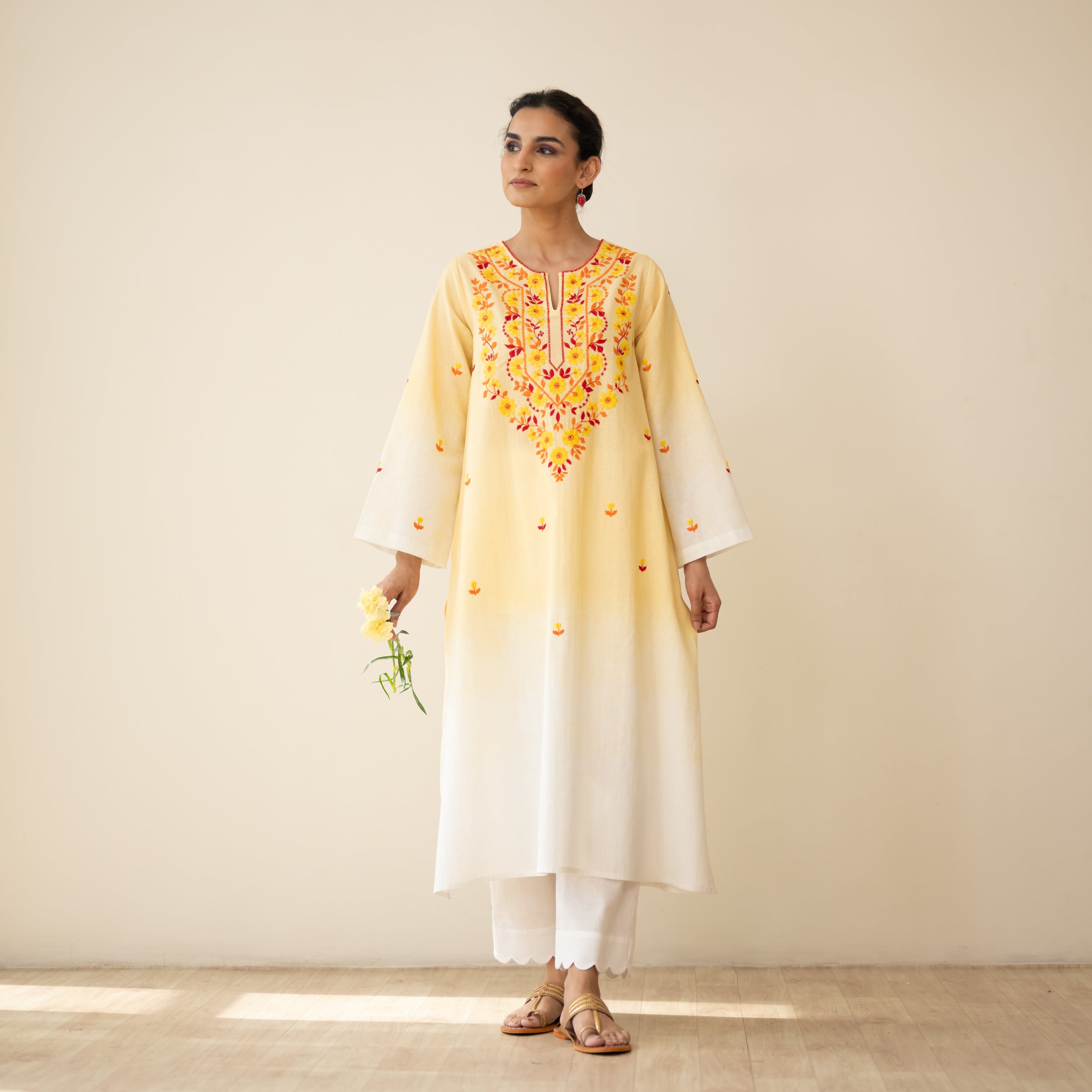 Cassata Embroidered Linen Cotton Kurta - Mango Yellow