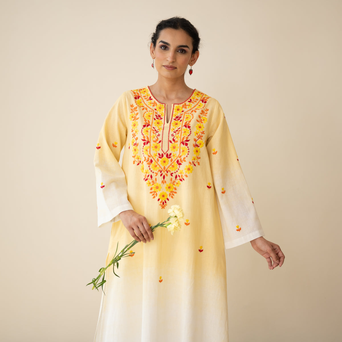Cassata Embroidered Linen Cotton Kurta - Mango Yellow