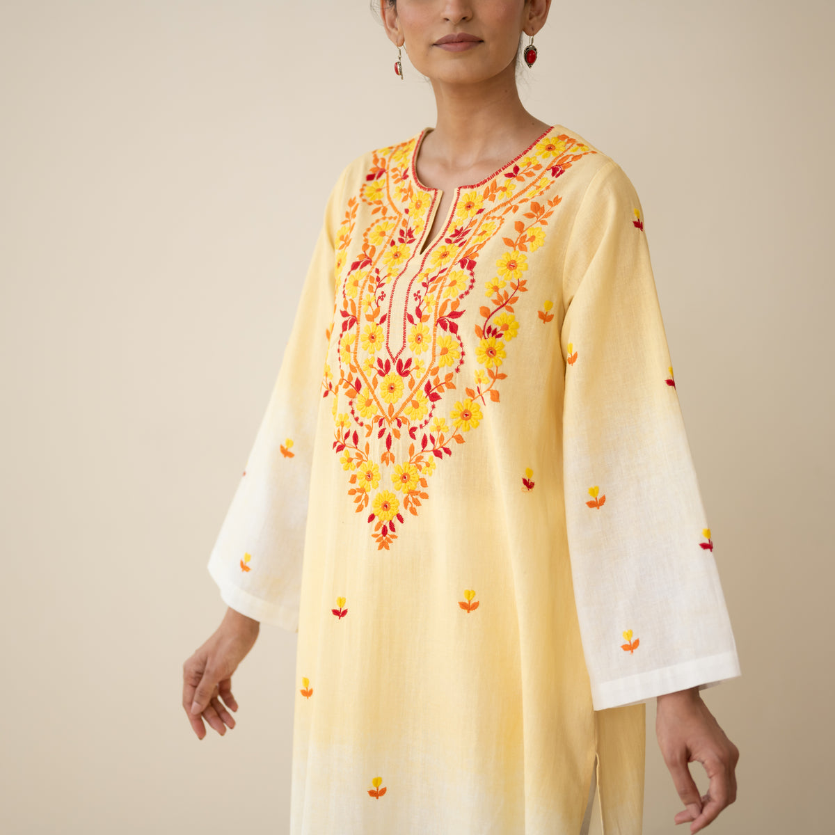 Cassata Embroidered Linen Cotton Kurta - Mango Yellow