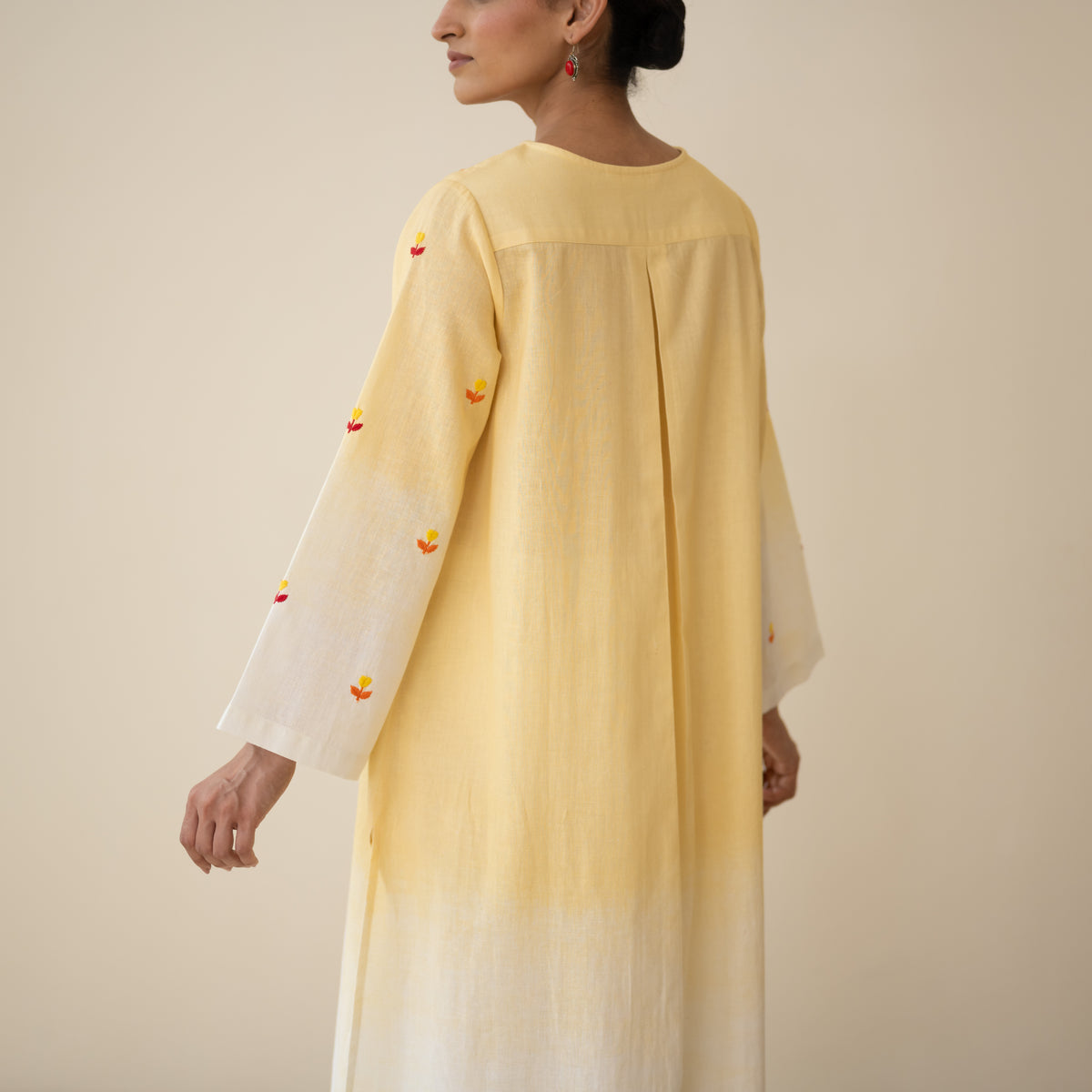 Cassata Embroidered Linen Cotton Kurta - Mango Yellow
