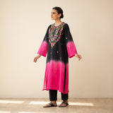 Cassata Embroidered Linen Cotton Kurta - Black & Magenta