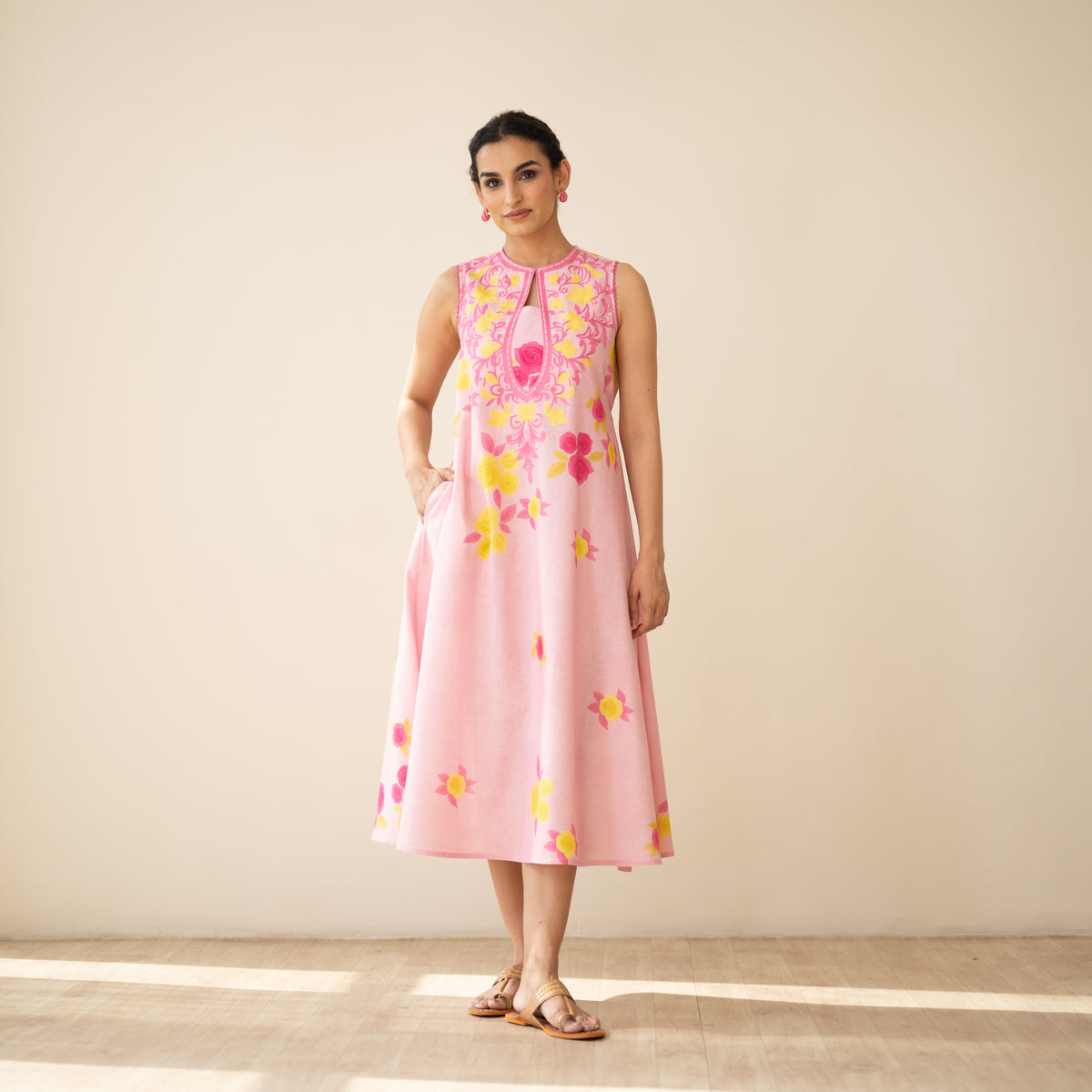Confetti Pop Embroidered Linen Cotton Dress - Baby Pink